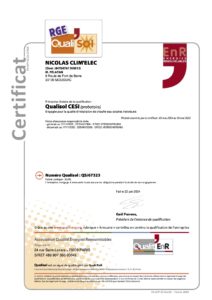 Certificat RGE Qualisol CESI pour Nicolas Clim'élec