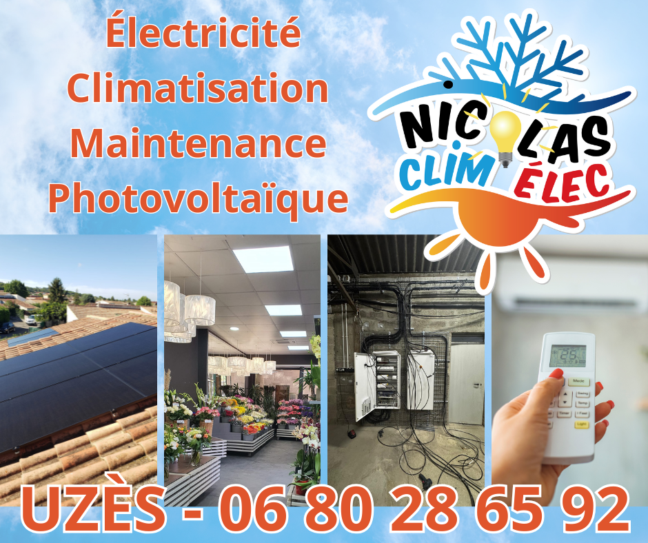 Nicolas Clim'élec. Electricien sur la ville d'Uzès (Gard) : petits et gros travaux d'électricité générale, mise en conformité des installations électriques, éclairages... Maintenance électrique. Pose, installation et maintenance de systèmes de climatisation réversible (partenaire officiel Mitsubishi), installation et maintetance de panneaux photovoltaïques.