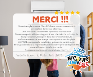 Avis positif, bonne recommandation pour Nicolas Clim'élec à Uzès